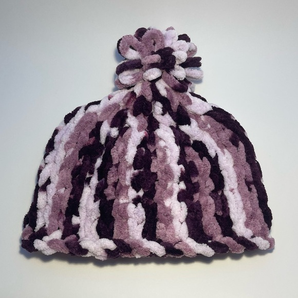 Handmade Women’s/Junior’s Winter Hat With Loopy Pom-Pom - Variegated Purple - Picture 3 of 9